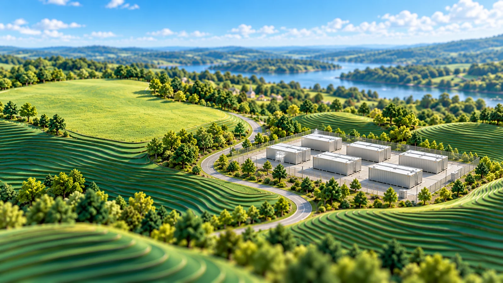 Landscape model illustration of a compact white battery storage facility beside green farmland and a rural access road.