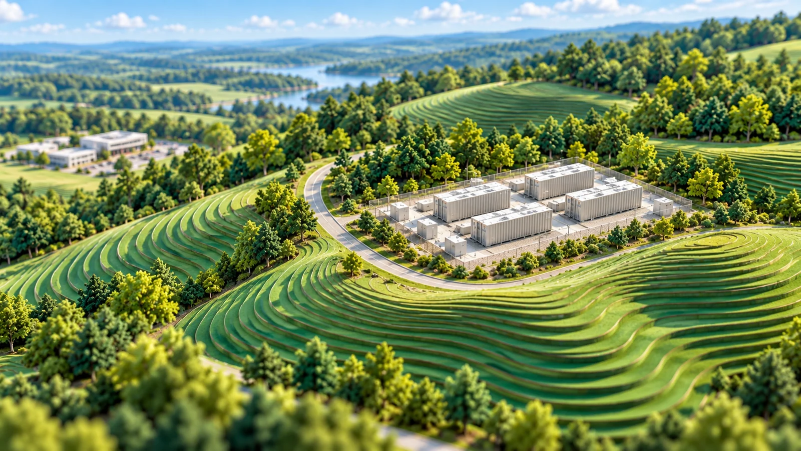 Landscape model illustration of a compact battery storage compound on a grassy parcel beside woodland and a commercial building.