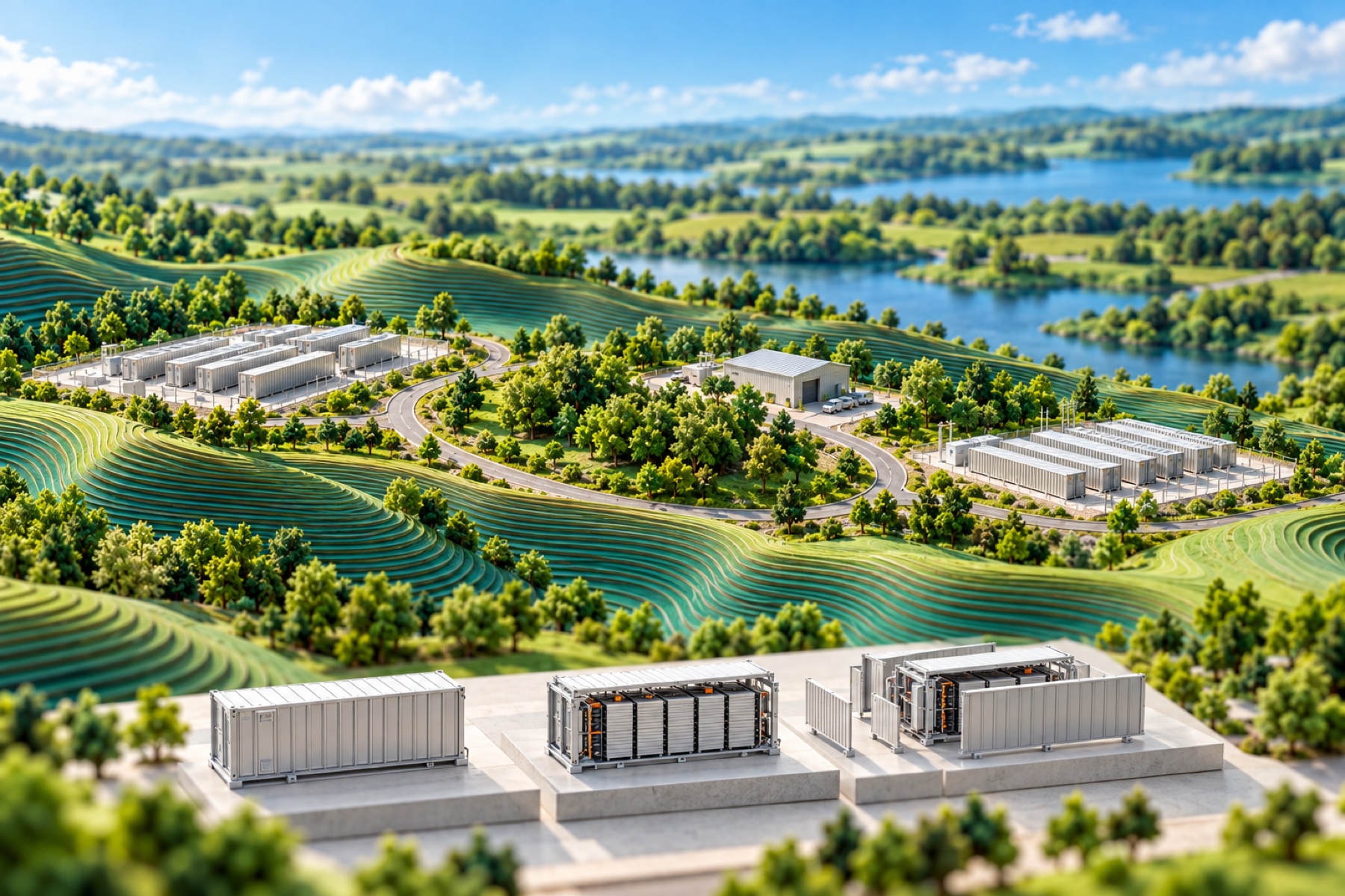 Illustrative architectural model: a second life, in the Verdant green-and-blue landscape style.