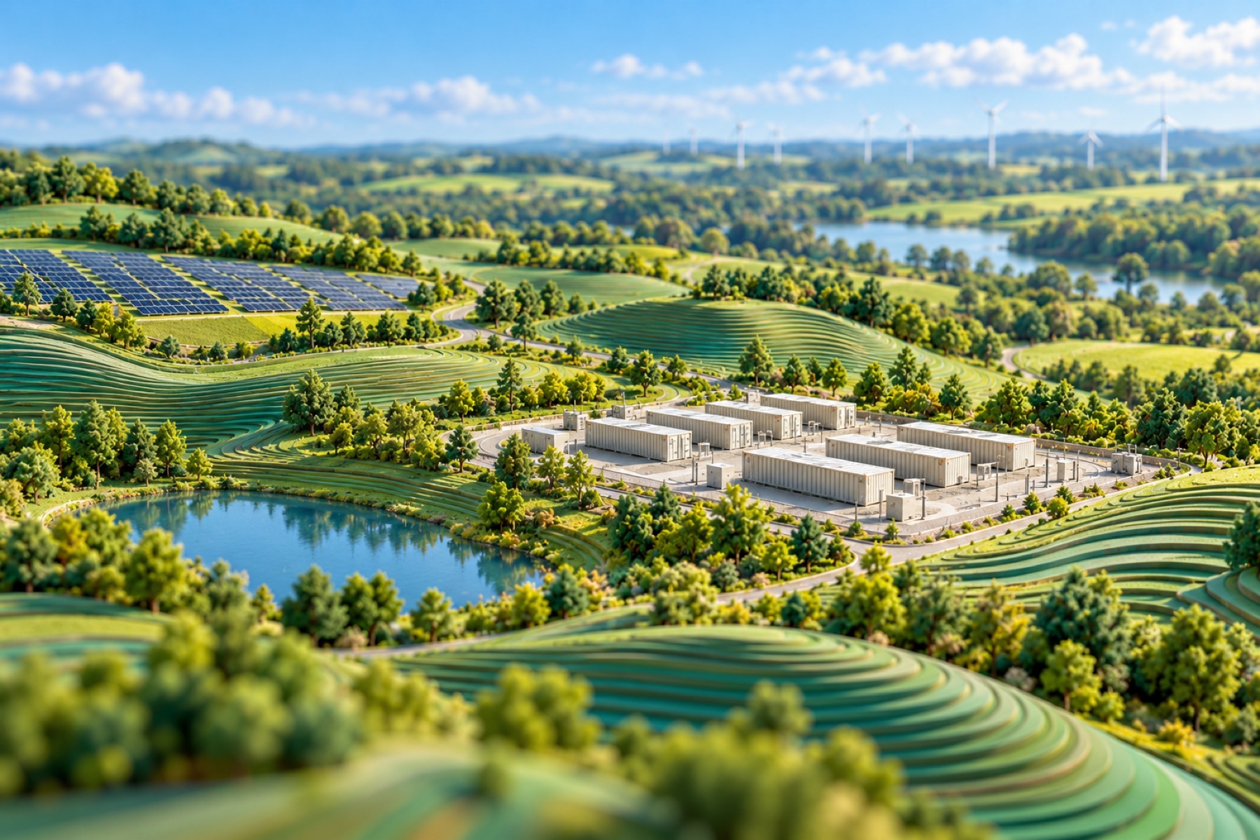 Illustrative architectural model: clean energy, anytime, in the Verdant green-and-blue landscape style.
