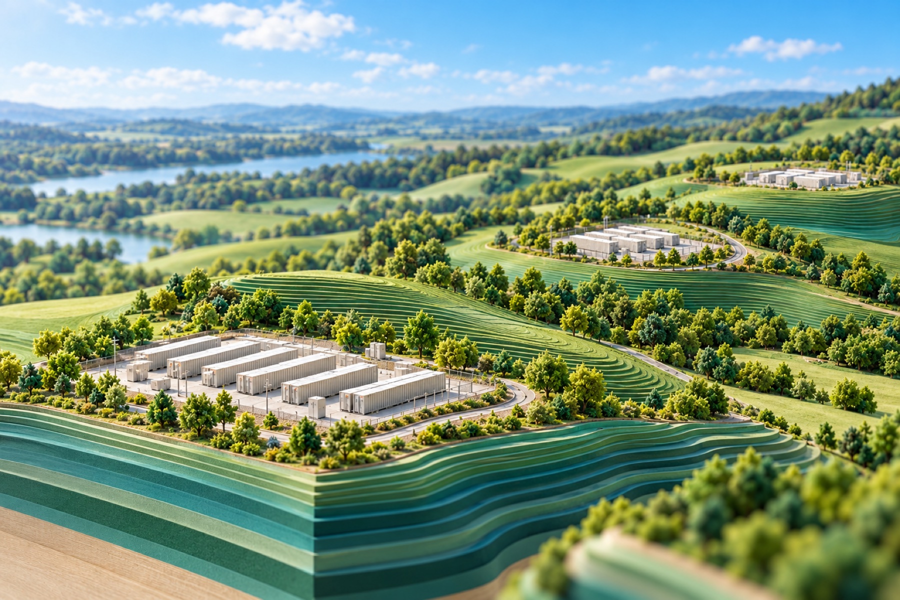 Illustrative architectural model: foundations for growth, in the Verdant green-and-blue landscape style.