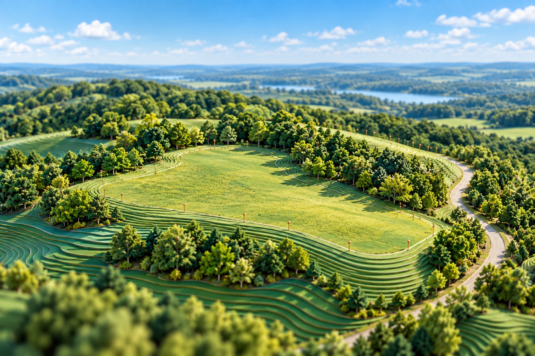 Illustrative architectural model: land & opportunity, in the Verdant green-and-blue landscape style.