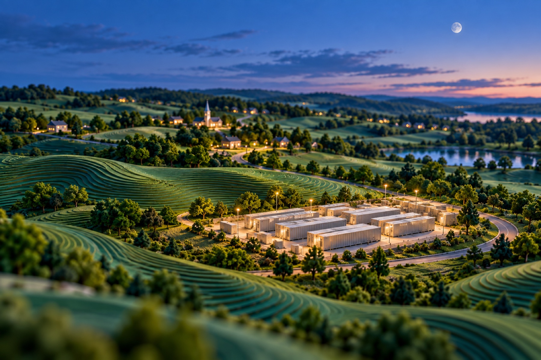 Illustrative architectural model: beyond the daylight, in the Verdant green-and-blue landscape style.