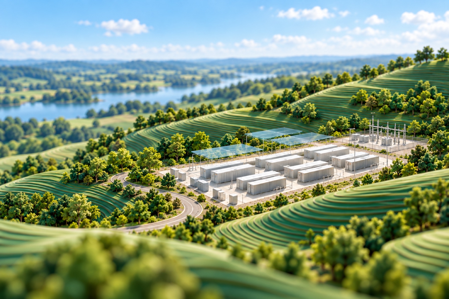Illustrative architectural model: a carefully considered plan, in the Verdant green-and-blue landscape style.