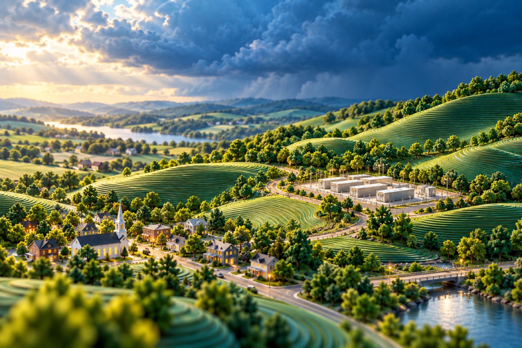 Illustrative architectural model: resilience in every season, in the Verdant green-and-blue landscape style.